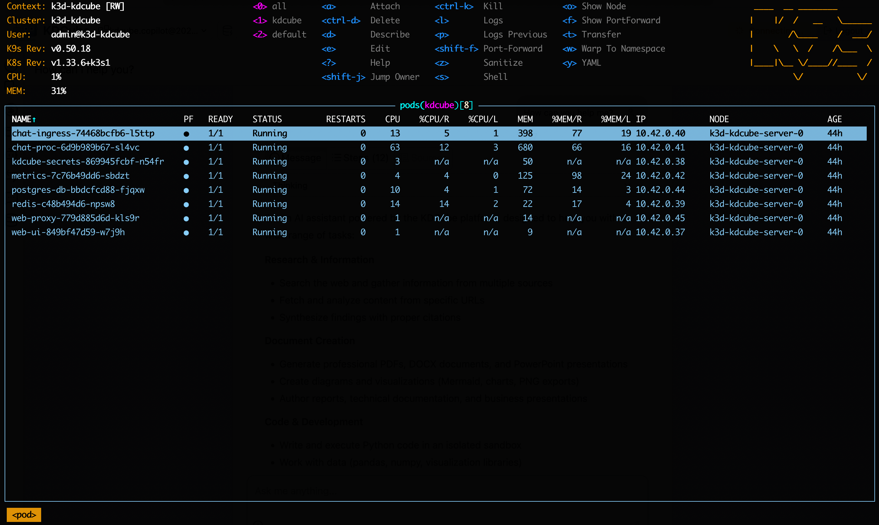 KDCube running on k3d-kdcube Kubernetes cluster — k9s showing all pods in Running state